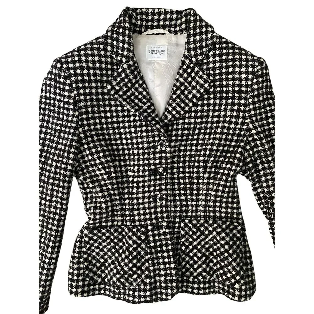 United Colors of Benetton Wool Blazer IT 38 / US 2 Black White Checkered Plaid